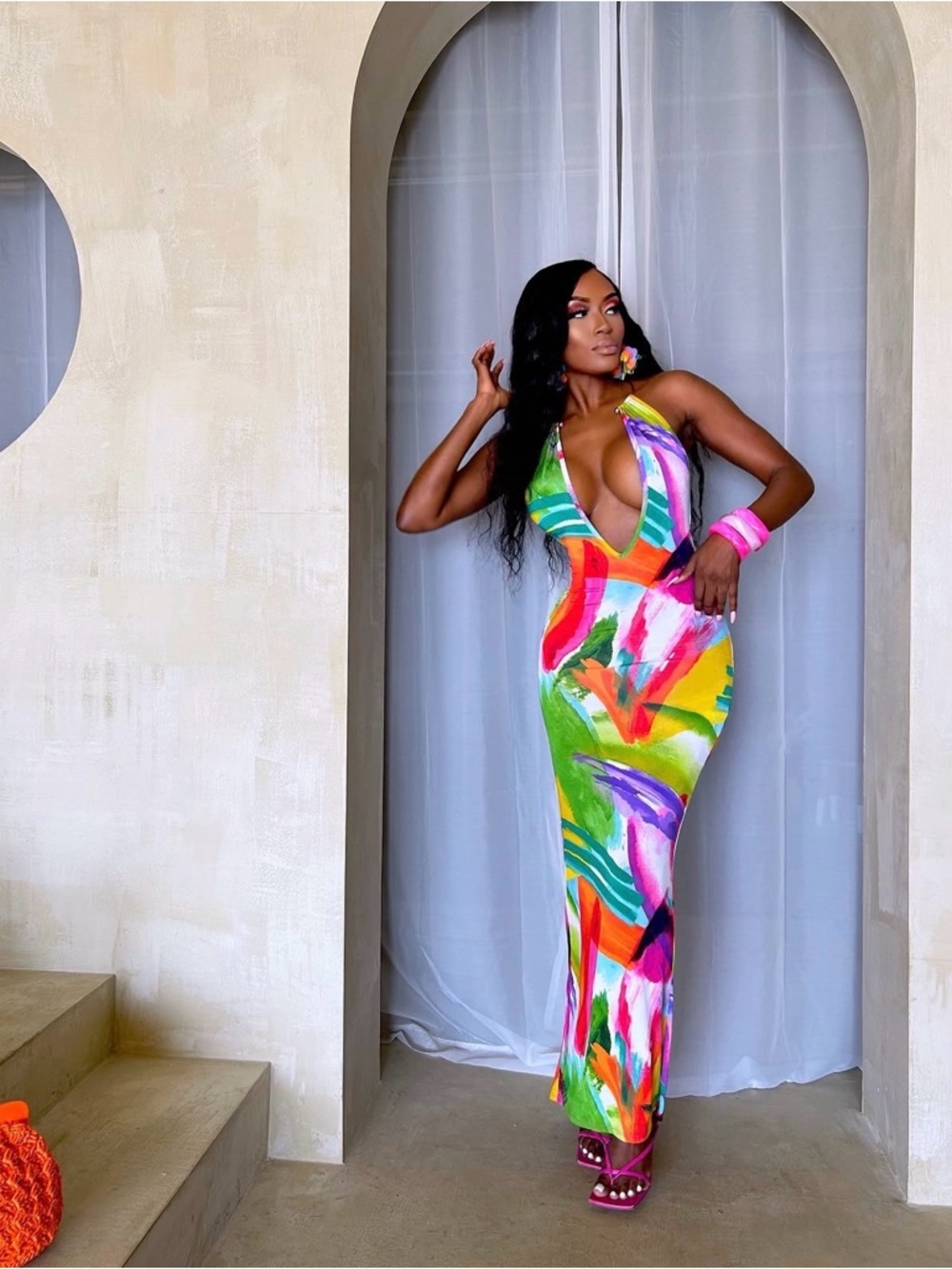 Multicolor Plunge Halter Maxi Dress